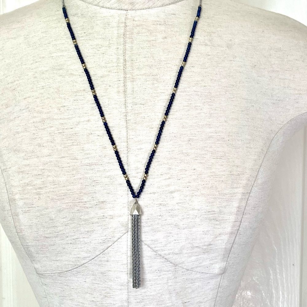 Silver tone blue beaded tassel necklace